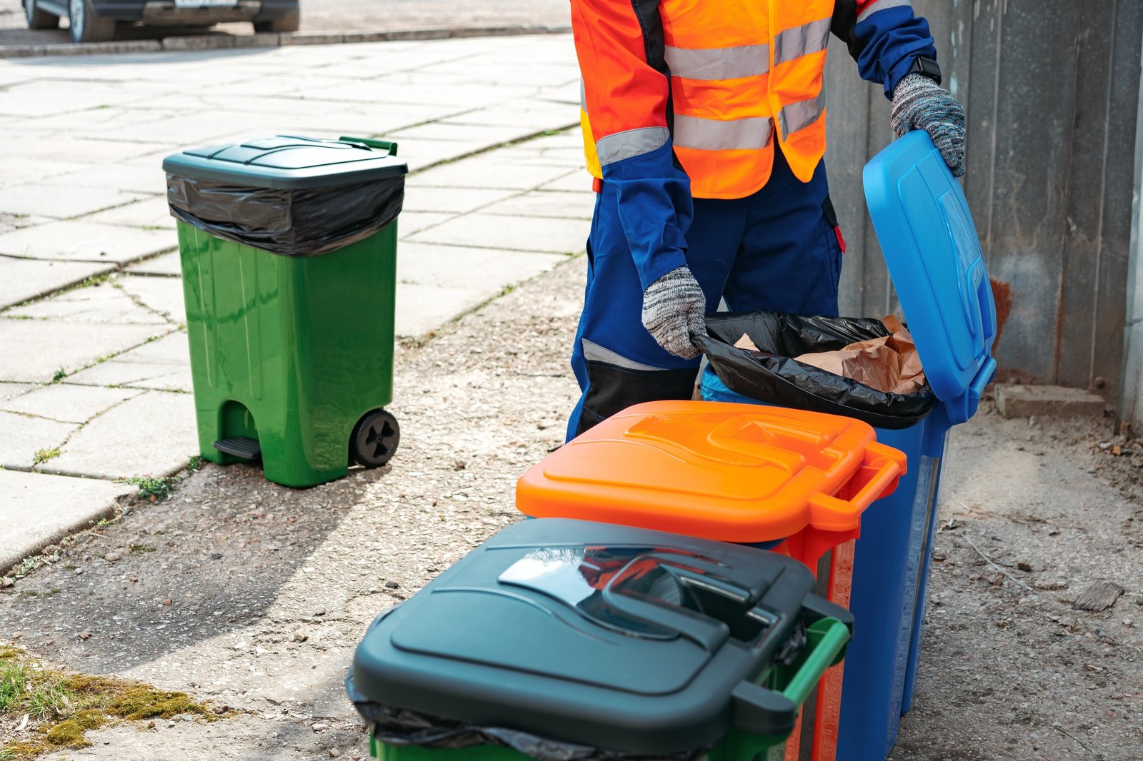 Male janitor in uniform cleans a trash can in the street